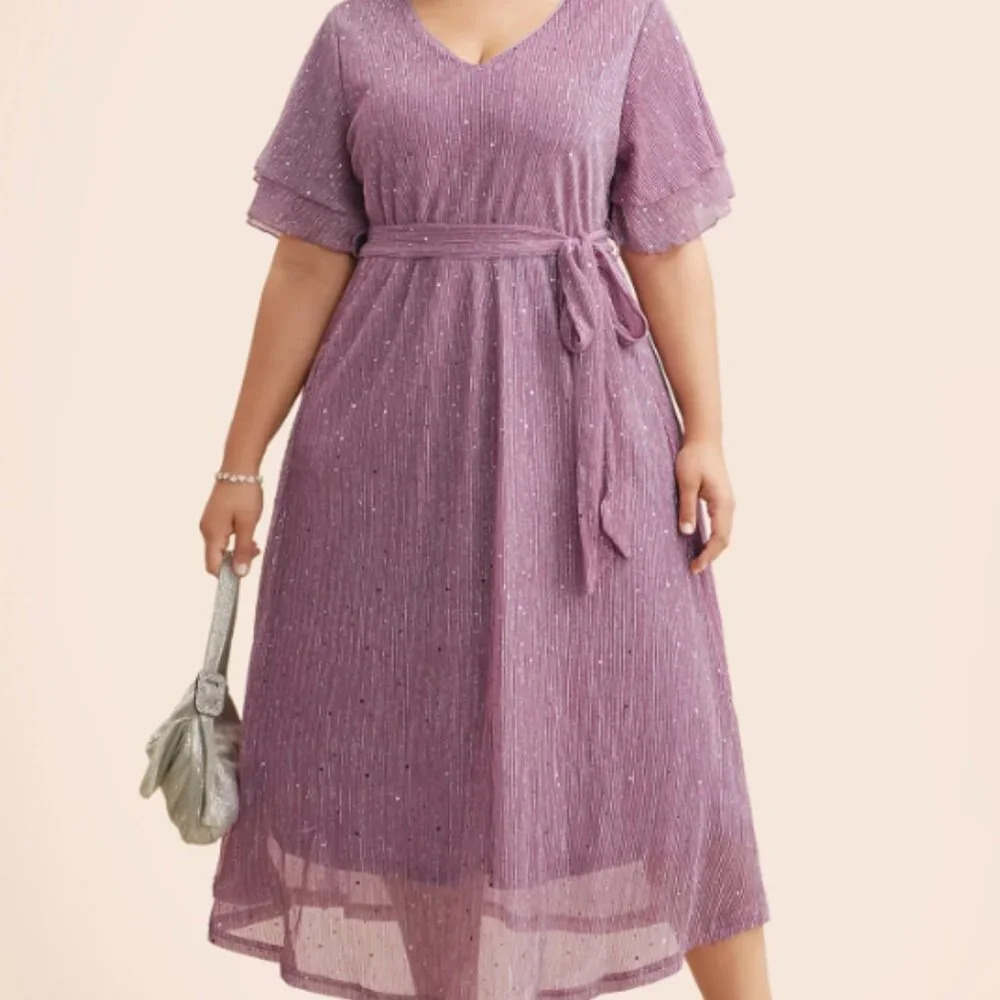 BloomChic plus size Plain V Neck Mesh Pocket Ruffle Tiered Belted Midi Dress - Picture 3 of 5